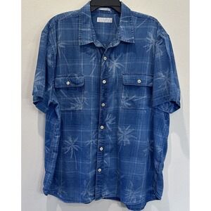 Lucky Brands Mens Short Sleeve Shirt Button Down XXL‎ Blue Denim With Palm Trees